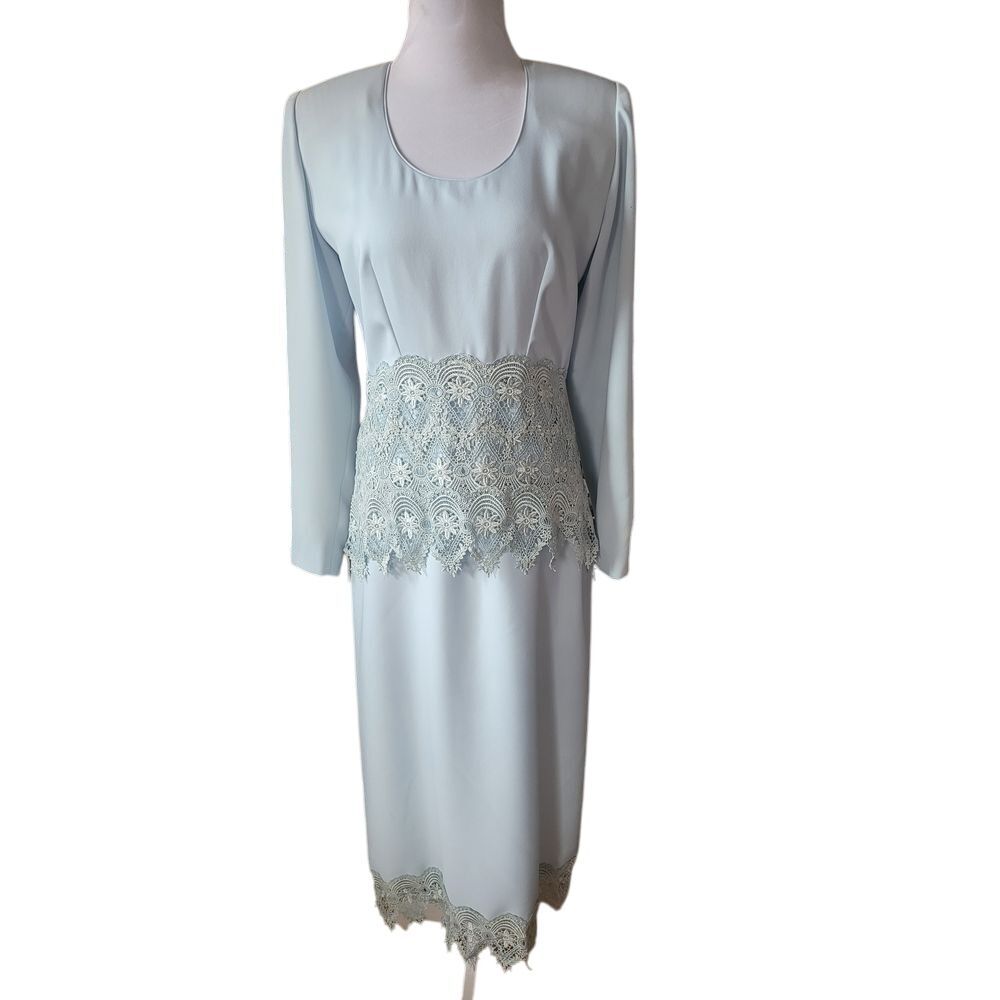 Digna Yero Vintage LightBlue Lace Peplum Midi Wedding Dress LongSleeve 10 Formal